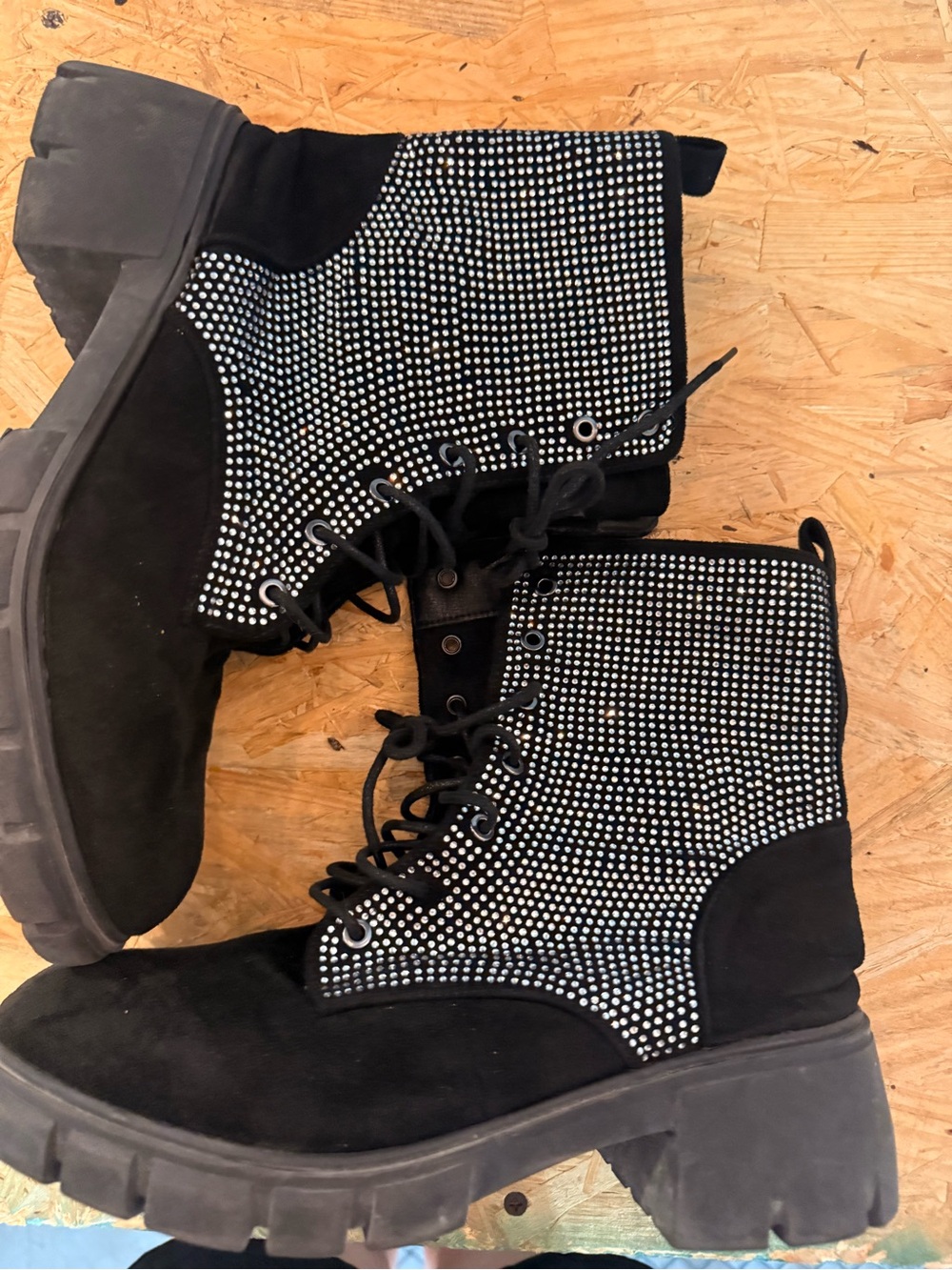 Black Rhinestone Combat Boots for Women